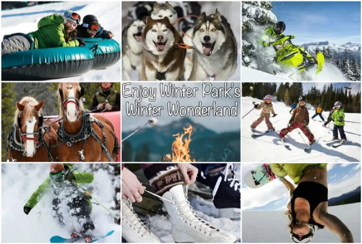 A vibrant winter scene featuring families and children participating in a variety of snowy activities. The image captures people tubing down a hill, huskies ready for dog sledding, snowmobiles, a horse-drawn sleigh, a cozy campfire, skiers, and ice skaters. The landscape is blanketed in snow, with evergreen trees and mountains in the background, creating a lively and exhilarating atmosphere.